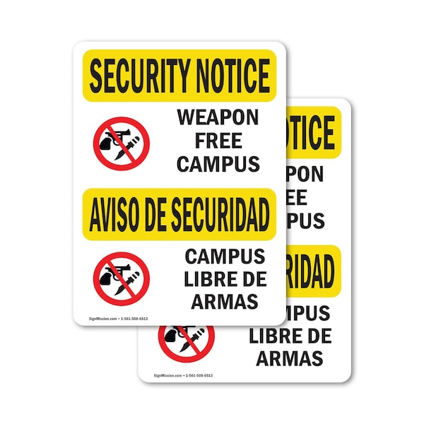 Signmission Weapon Free Campus Bilingual OSHA Security Notice Sign, Vinyl Decal, 7in W x 10in L, 2PK OS-2PACK-SN-D-710-L-11682 - main